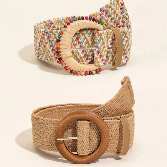 2 pack bohemian round buckle straw belt Wide Woven Straw Belt with Covered Buckle - w.kleinberg main image 4